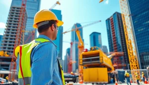 New York City Construction Manager supervising a dynamic construction site with cranes and skyscrapers.