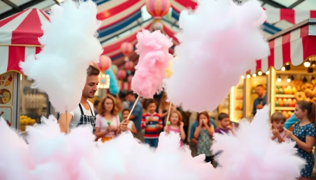 Maak een kleurrijke wafel katoen ervaring met vrolijke kinderen in een markt.