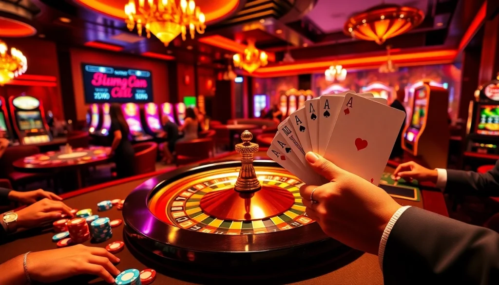 Experience high-stakes action as players engage with exciting games at mm88 com's vibrant casino, featuring roulette and poker tables.