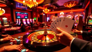 Experience high-stakes action as players engage with exciting games at mm88 com's vibrant casino, featuring roulette and poker tables.