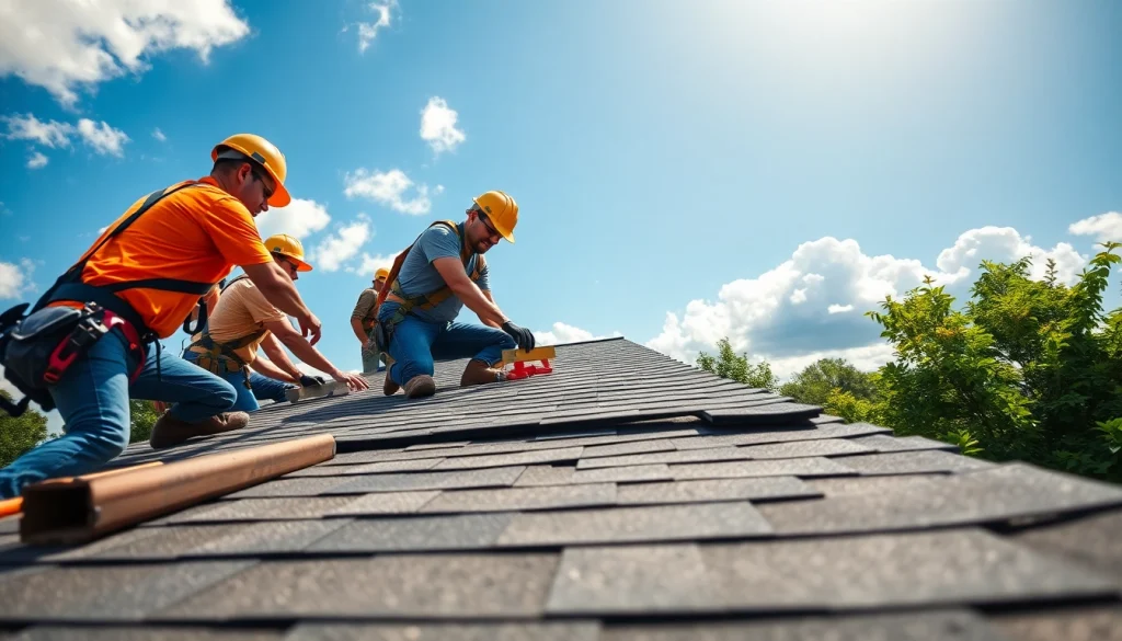 Team installing roofing for Twin Shield Roofing on a sunny day highlighting quality craftsmanship.