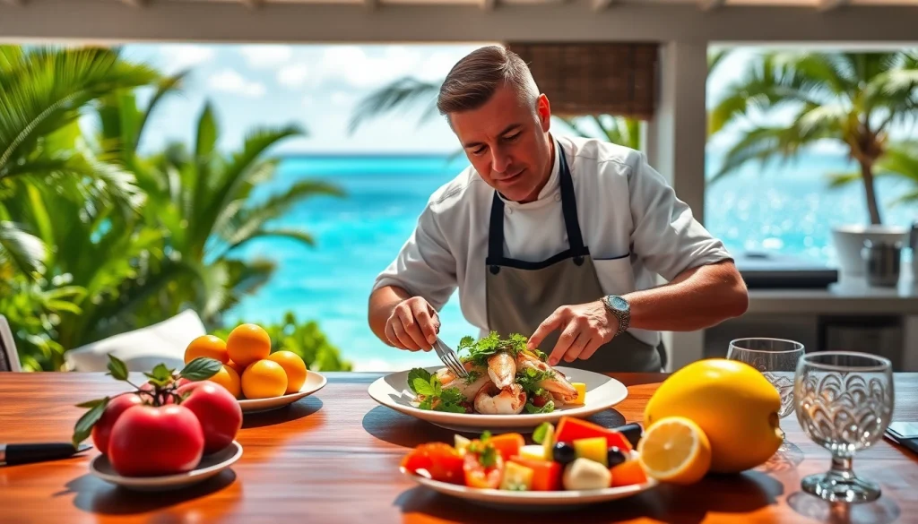 Private chef Sint Maarten preparing a gourmet seafood dish in a tropical outdoor kitchen.