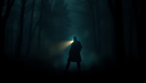 Engaging clean thriller book cover with a detective exploring a misty forest, enhancing suspense.