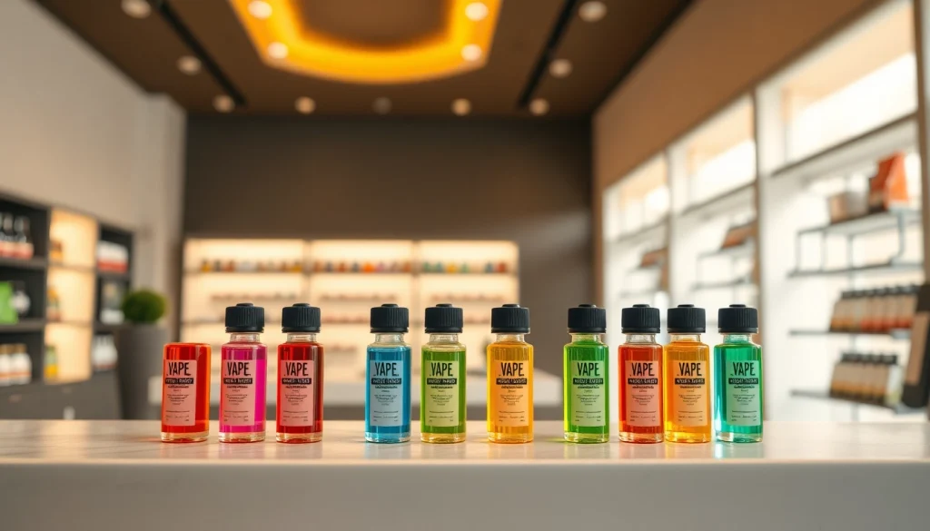 Die verschiedenen vapen Flüssigkeiten auf einem eleganten Regal präsentieren, trendy und ansprechend.