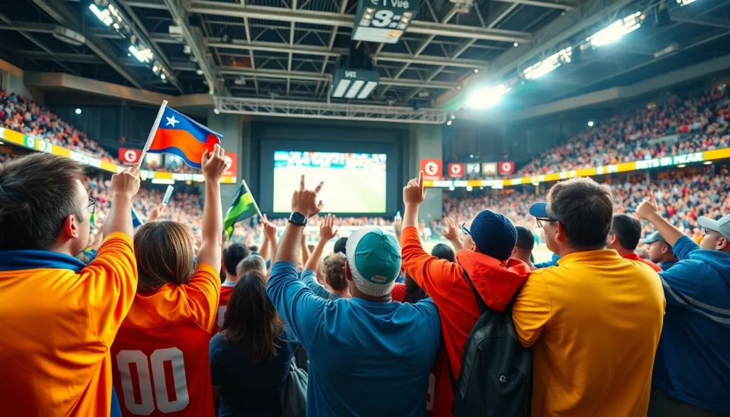 스포츠중계를 시청하는 열광적인 팬들은 다양한 팀 색상을 입고 생동감 넘치는 응원 도중이다.