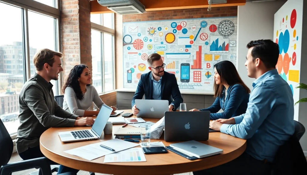 Engaged professionals strategizing social media tactics at https://boost-social-media.com, in a bright modern office setting.