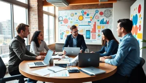 Engaged professionals strategizing social media tactics at https://boost-social-media.com, in a bright modern office setting.