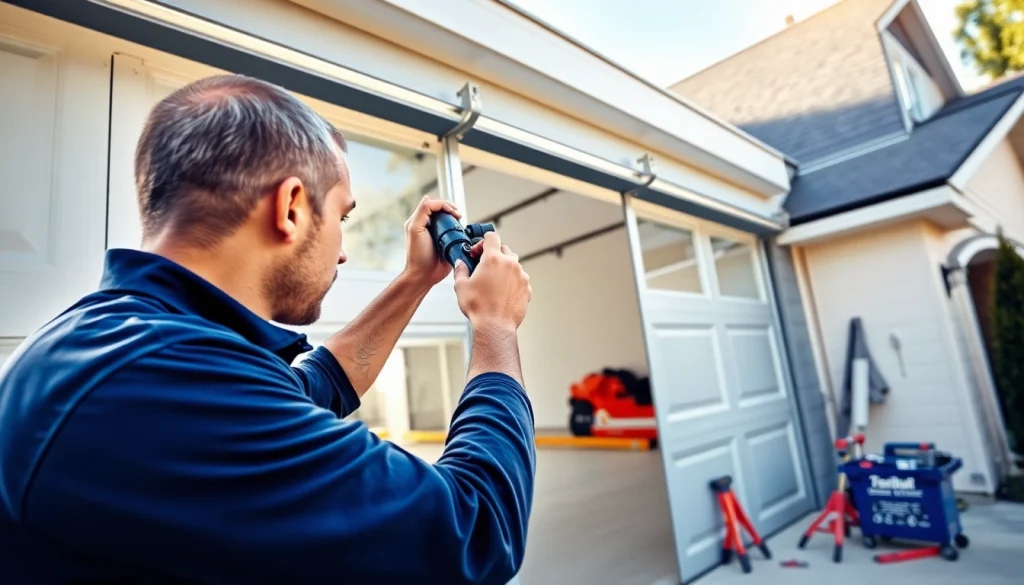 Efficient garage door repair in Vancouver Wa by a skilled technician during bright daylight.