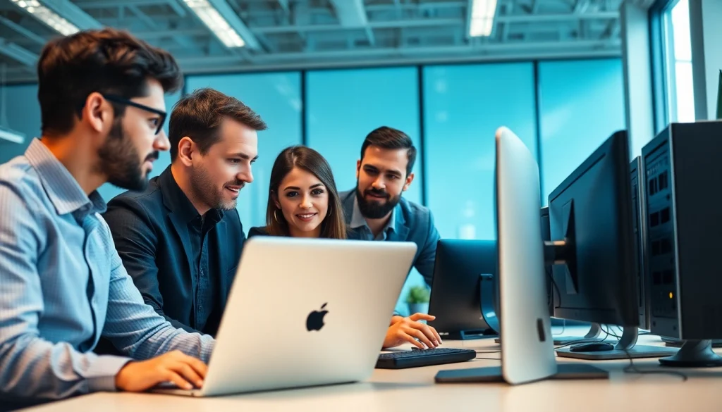 Engaged team of Fredericksburg IT Companies collaborating on technology solutions in a bright office.