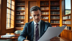 Engaged lawyer at a professional office workspace of http://www.jacobsonpilaw.com reviewing important documents.