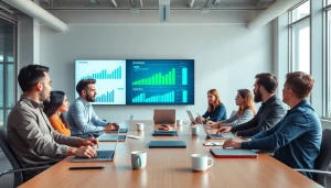 Melihat tim pemasaran berdiskusi di https://152.42.170.247 dengan analisis di layar lebar yang menunjukkan data.