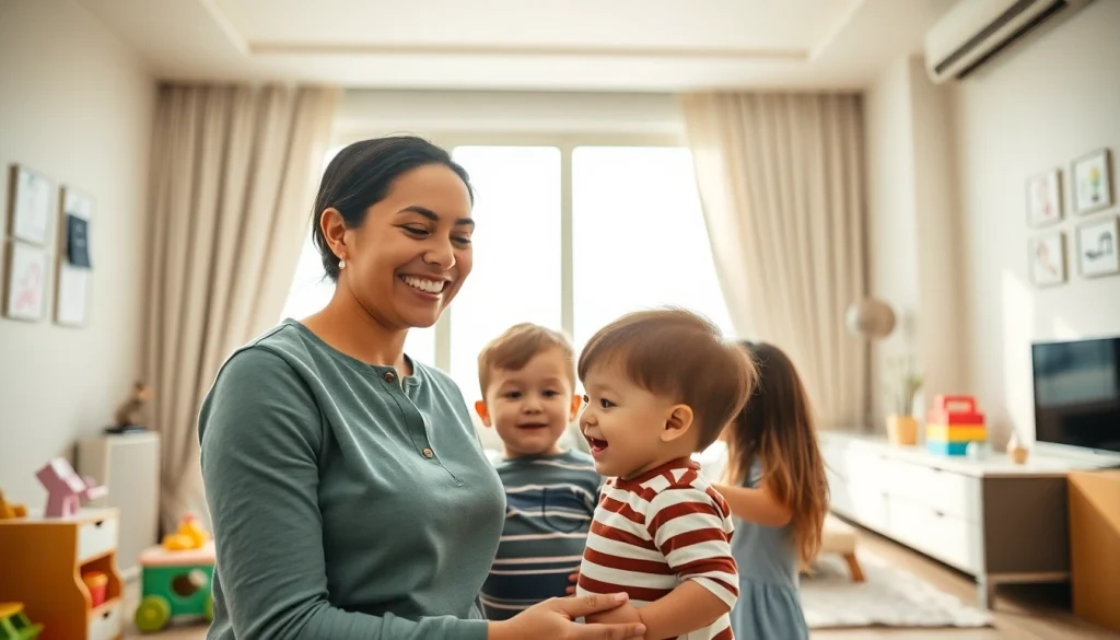 Engaging scene of a live-out nanny Dubai nurturing children in a cozy living room.