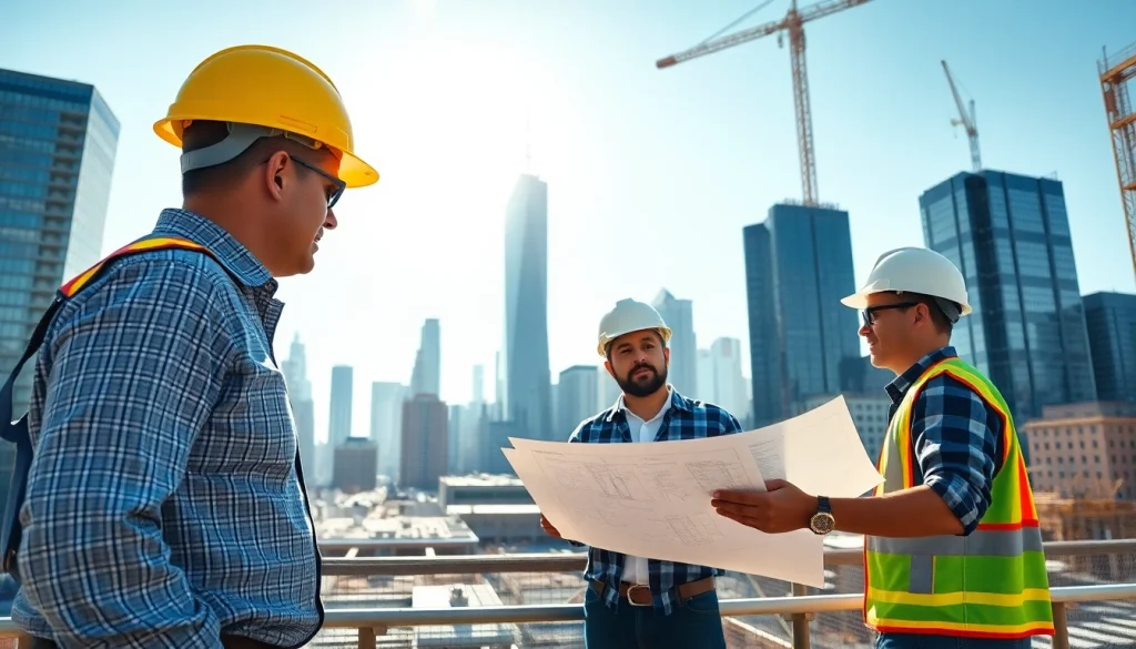 Focused New York General Contractor managing a busy construction site with city skyline backdrop.