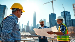 Focused New York General Contractor managing a busy construction site with city skyline backdrop.