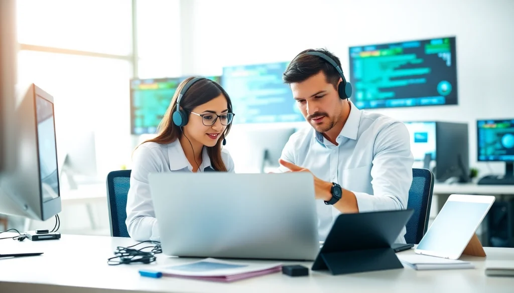 Provide expert computer support in a modern office with technicians collaborating on technology solutions.