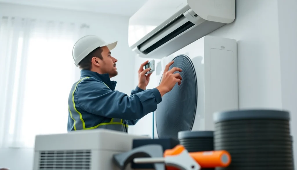 Technician adjusting HVAC system at https://nobleheatingairservices.com with focus on quality service.