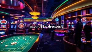 Gambling excitement at a casino with a vibrant atmosphere, highlighting https://mm88.directory/ for online betting options.