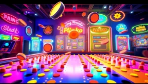 Engaging plinko game board in a lively arcade setting with bouncing discs.