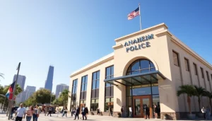 Performing Anaheim inmate search at a welcoming police station in a vibrant urban setting.