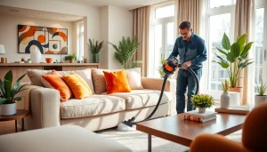 Sofa cleaning Dubai service with a technician using a vacuum in a beautifully furnished living room.