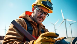 Skilled labor for energy sector highlighted by a focused construction worker at a renewable energy site.