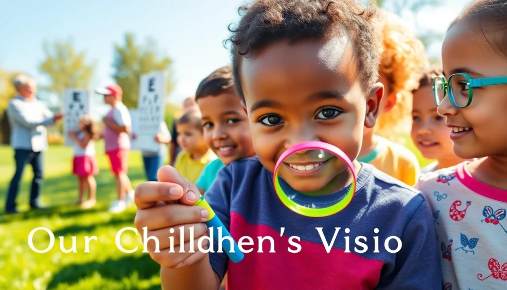 Children engaging in eye health activities for Our Children's Vision campaign in a sunny park.