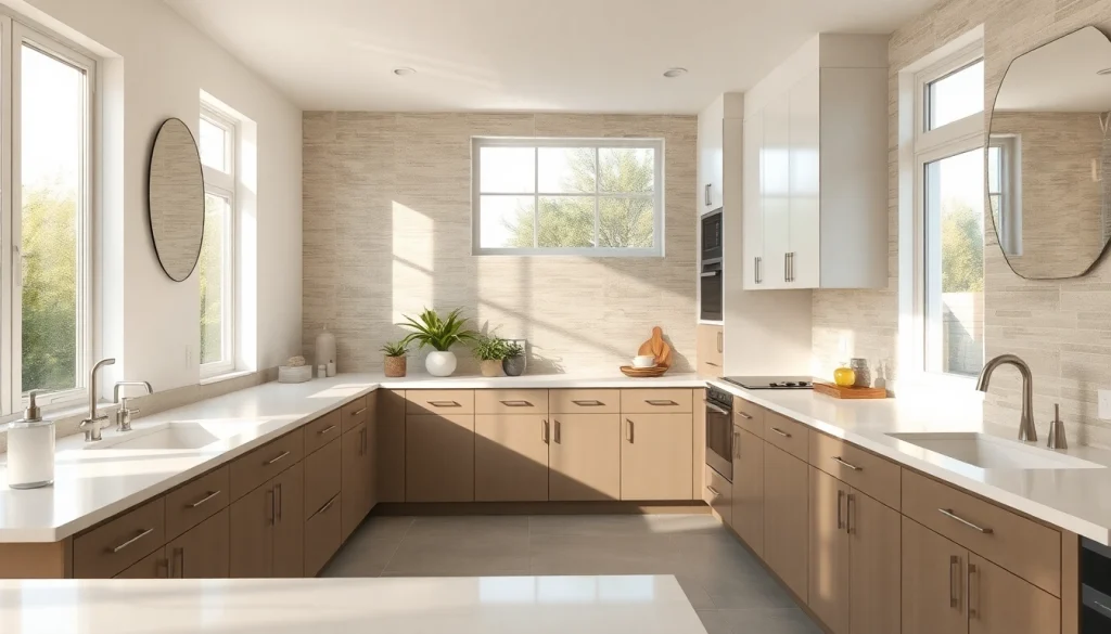 Elegant bathroom and kitchen remodeling featuring modern fixtures and warm lighting.