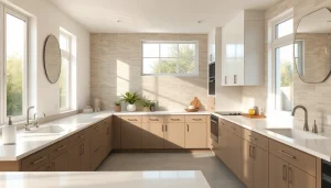 Elegant bathroom and kitchen remodeling featuring modern fixtures and warm lighting.