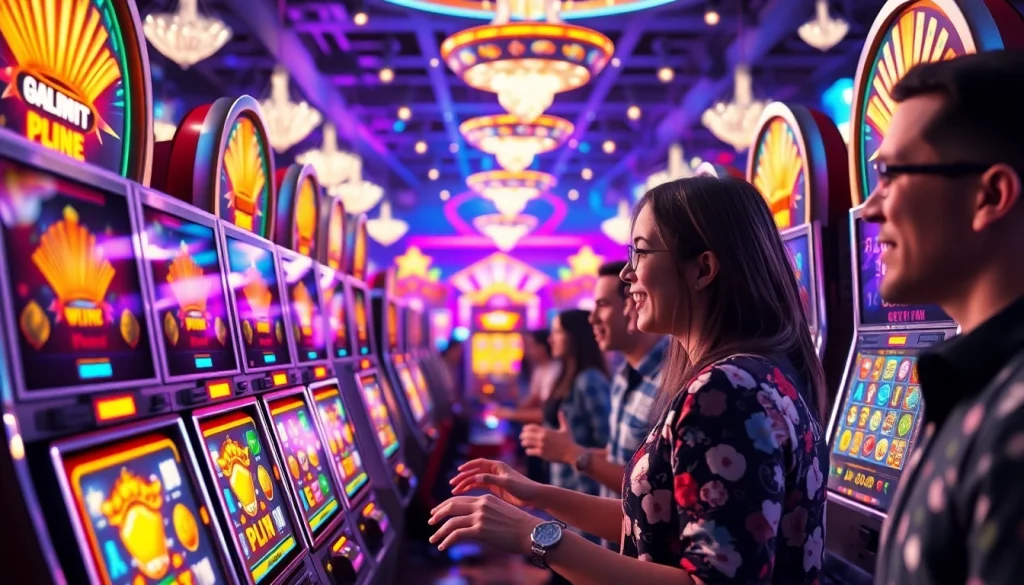 Menangkan hadiah besar dalam scater4d game dengan slot machines berwarna cerah dan pemain yang bersemangat.