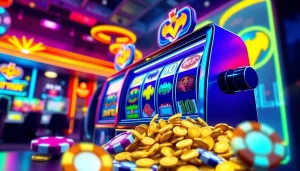 Mainkan batman138 slot dengan mesin slot yang mengkilap dan latar belakang kasino yang meriah.