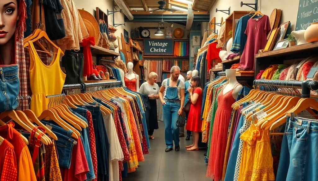 Shop unique vintage clothing at https://thrift-vintage.com showcasing colorful garments and lively shoppers.