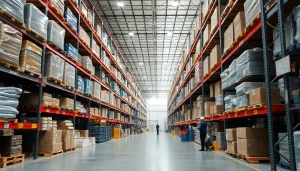 Optimize warehousing operations with organized inventory in a bright, spacious facility.