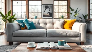 Stylish sofa bed with accent pillows enhances a cozy living room atmosphere.