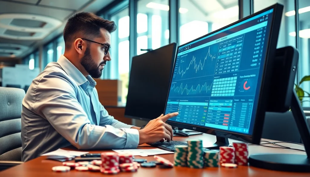 Analisis komengtoto oleh penjudi di kantor modern dengan grafik dan statistik.