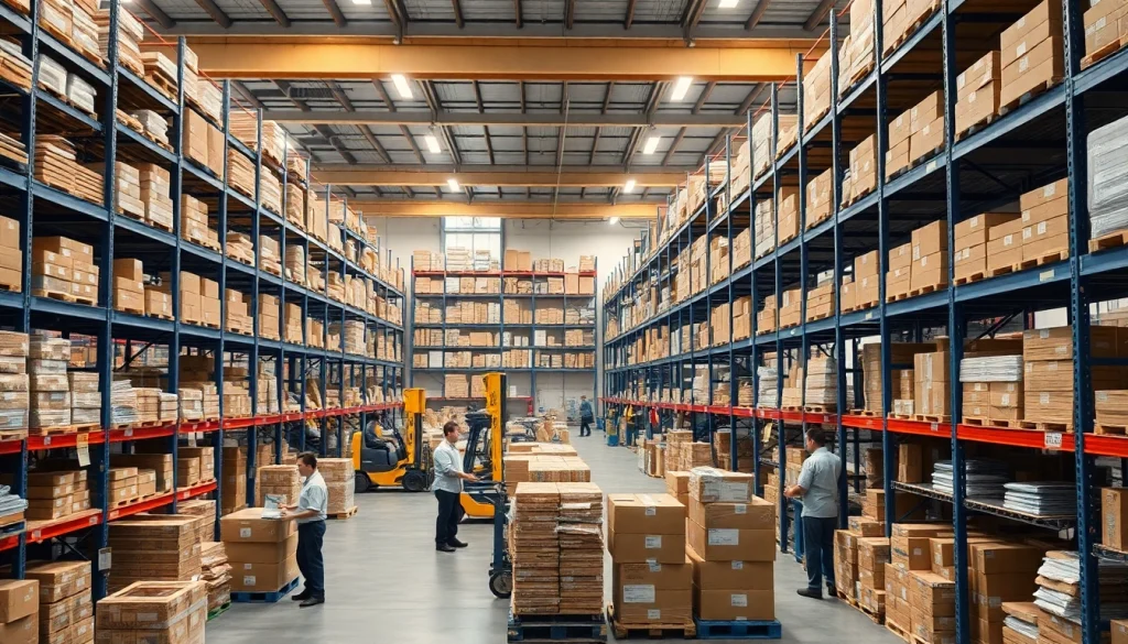 Streamlined warehousing operations with workers efficiently managing goods and packages.