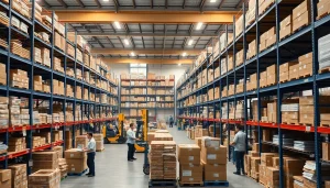 Streamlined warehousing operations with workers efficiently managing goods and packages.
