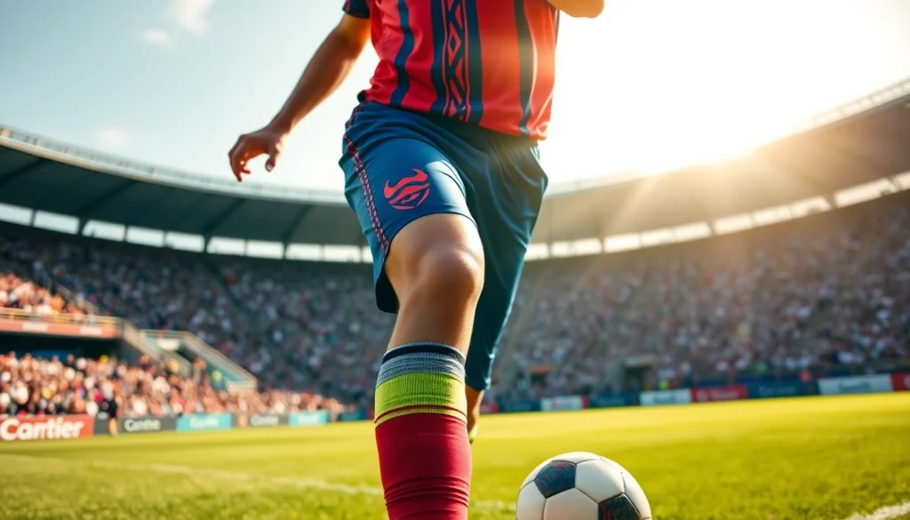 Showcasing vibrant football kits worn by an athlete in action on a sunny pitch.