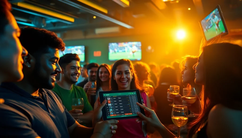 Exciting scene of sports betting in Brazil in a lively bar with fans cheering.