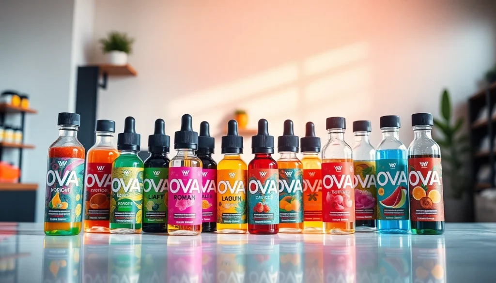 Genießen Sie exklusive Oxva Liquid Aromen in eindrucksvoller Anordnung auf einem sauberen Hintergrund.