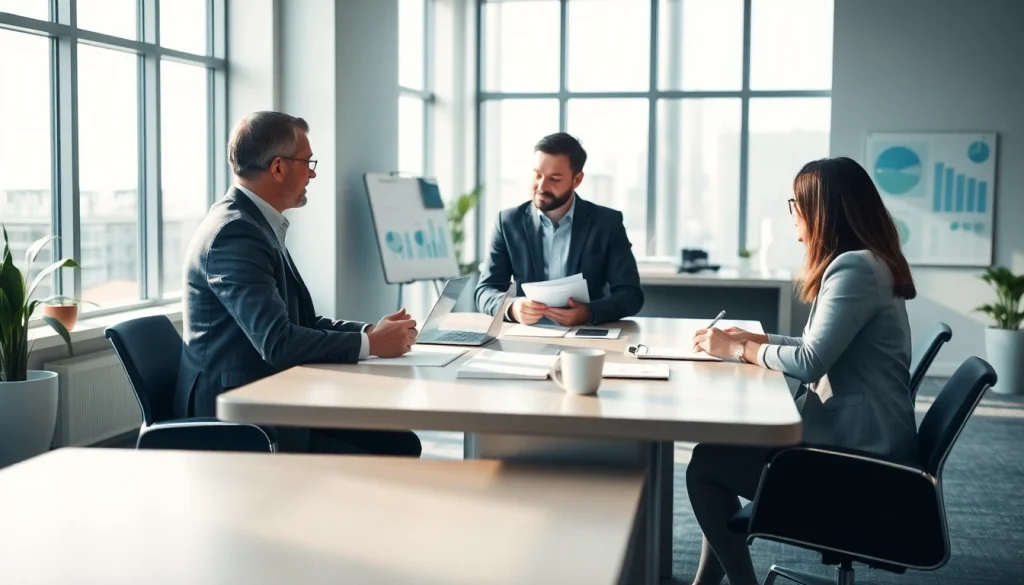 Engaging financial advisor San Antonio discussing strategies with clients in a modern office.