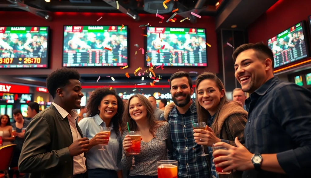 Engaged friends celebrating sports betting wins at https://mm88bc.com/ in a vibrant sportsbook setting.