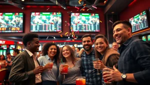 Engaged friends celebrating sports betting wins at https://mm88bc.com/ in a vibrant sportsbook setting.