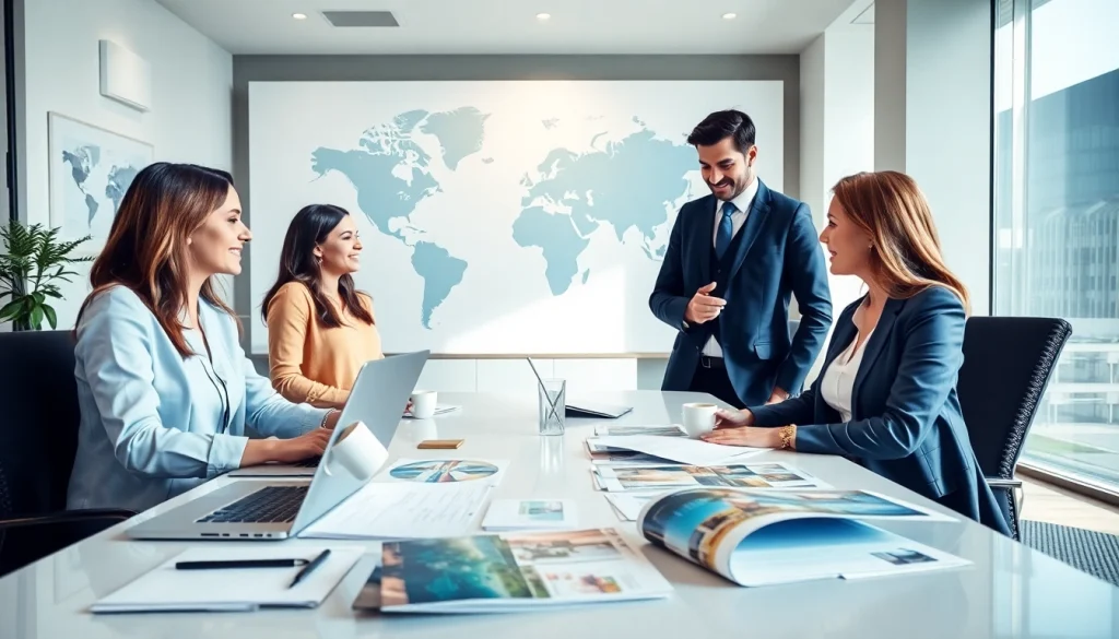 Engaged professionals discuss international real estate in a modern office environment.