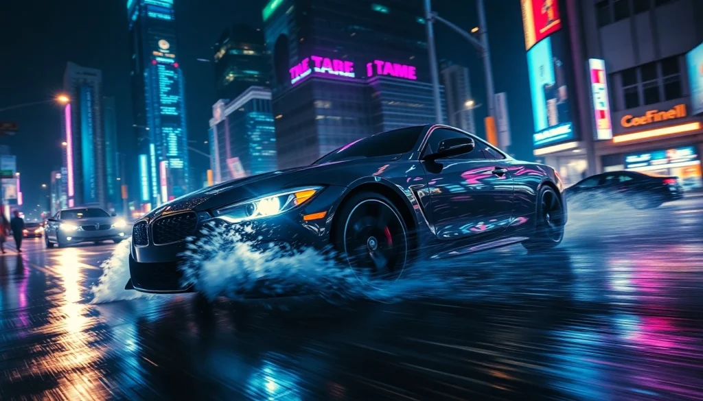 Experience an intense action thriller with a high-speed car chase in a vibrant cityscape.