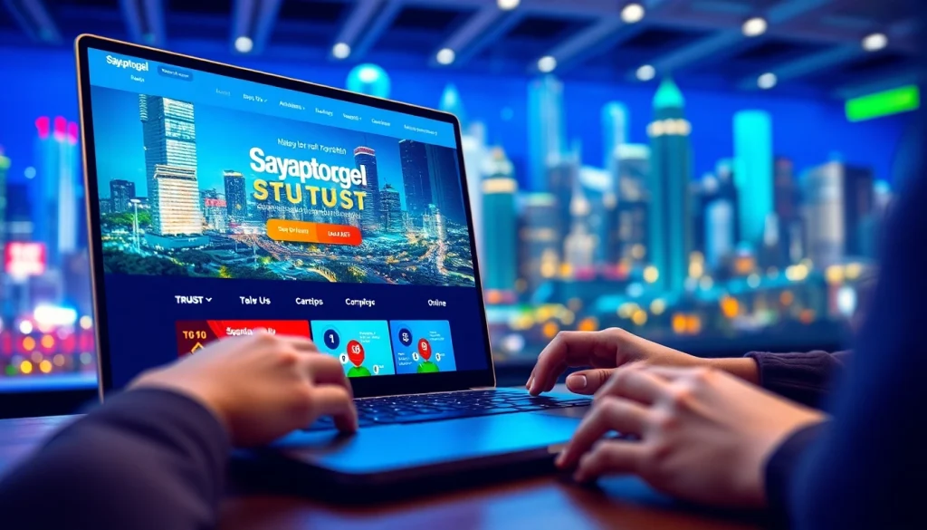 Membuka halaman sayaptogel di laptop dengan latar belakang kota digital yang cerah