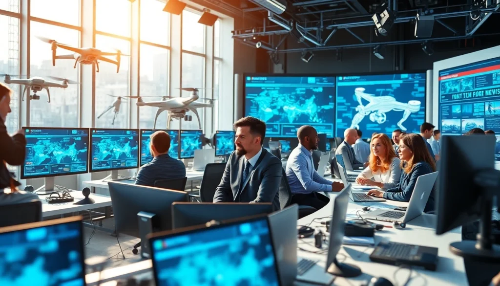 Engaging tech news newsroom filled with journalists reporting the latest in tech news.