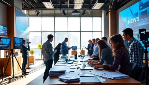 Journalists actively collaborating in thephoenixnewspaper newsroom, reflecting dynamic news reporting.