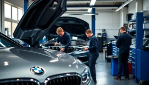 Professionelle BMW Werkstatt in Berlin Moabit zeigt Mechaniker, die an Autos arbeiten.