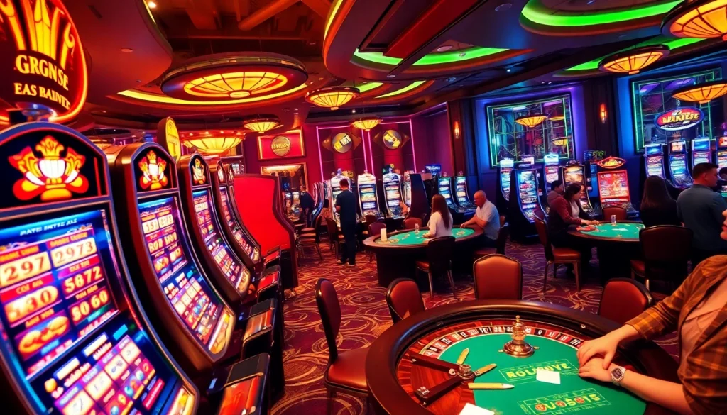 KJC AC 3 showcases players relishing the thrill of casino gaming, surrounded by vibrant slot machines and dice.