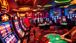 KJC AC 3 showcases players relishing the thrill of casino gaming, surrounded by vibrant slot machines and dice.